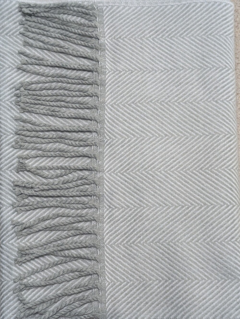 Vintage German Light Gray Cashmere Herringbone Fringe Scarf 70" X 12"